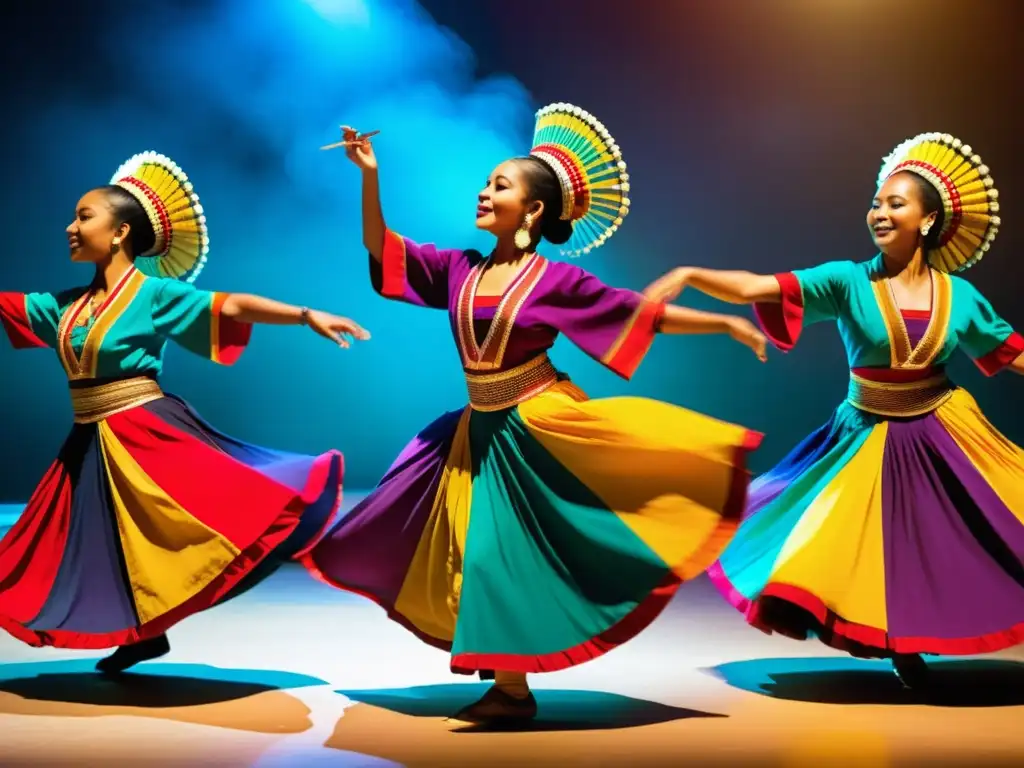 Grupo de bailarines tradicionales integrando música en danzas con trajes vibrantes y coloridos