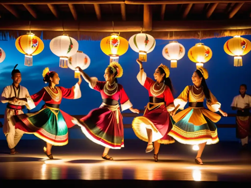 Grupo de bailarines tradicionales integrando música en danzas, envueltos en un ambiente cautivador