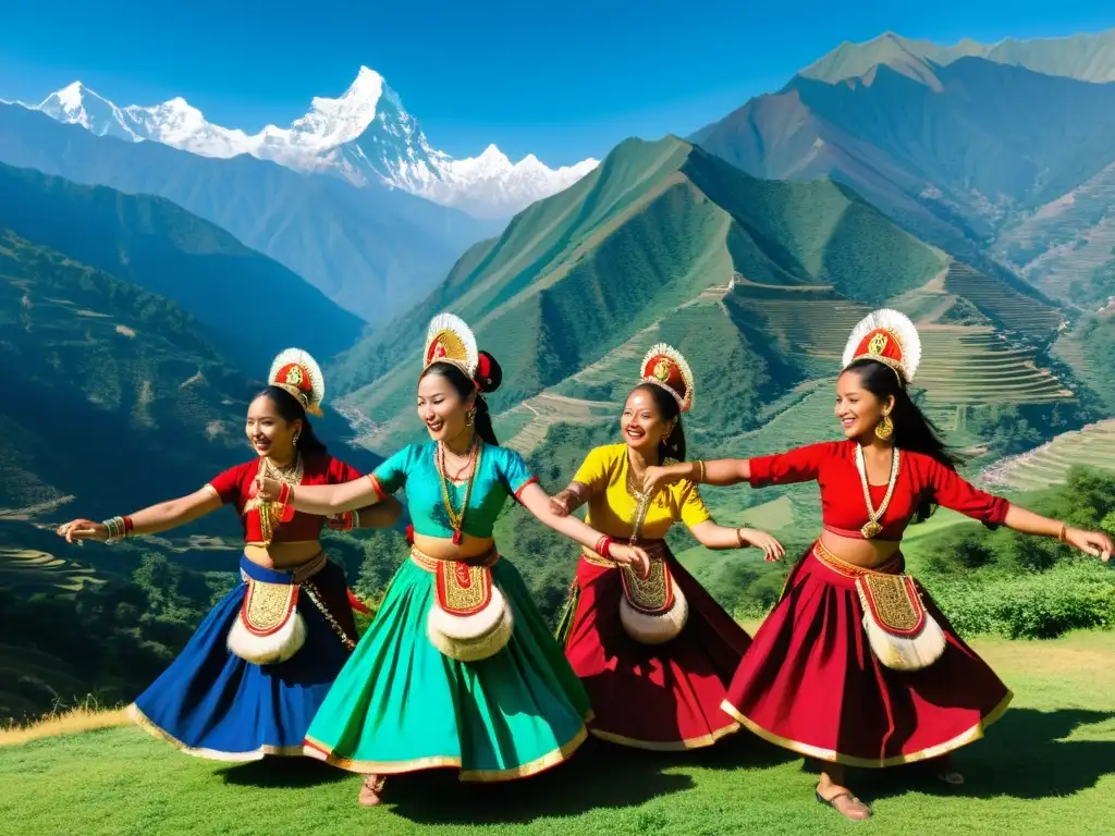 Grupo de bailarines tradicionales nepaleses danzando al aire libre en las montañas, con trajes vibrantes y música tradicional nepalesa para danzas