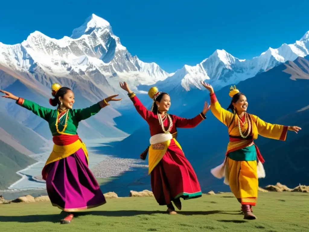 Un grupo de bailarines tradicionales nepaleses danzando al ritmo de la música tradicional, con los Himalayas de fondo