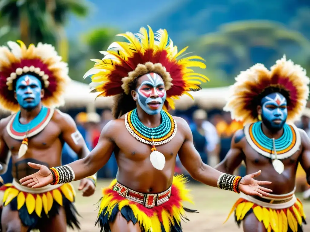 Grupo de bailarines tradicionales de Papúa Nueva Guinea con trajes vibrantes y elaborados, en pleno festival de danzas