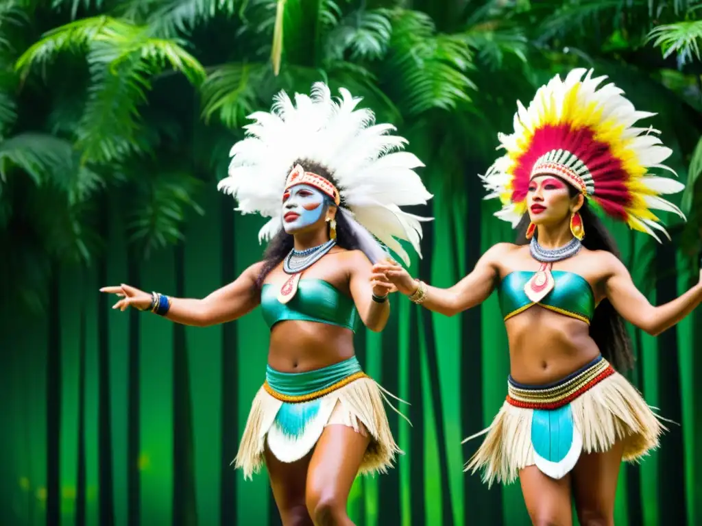 Grupo de bailarines tradicionales de Oceanía con vestimenta y pintura tribal, danzando en la exuberante selva tropical