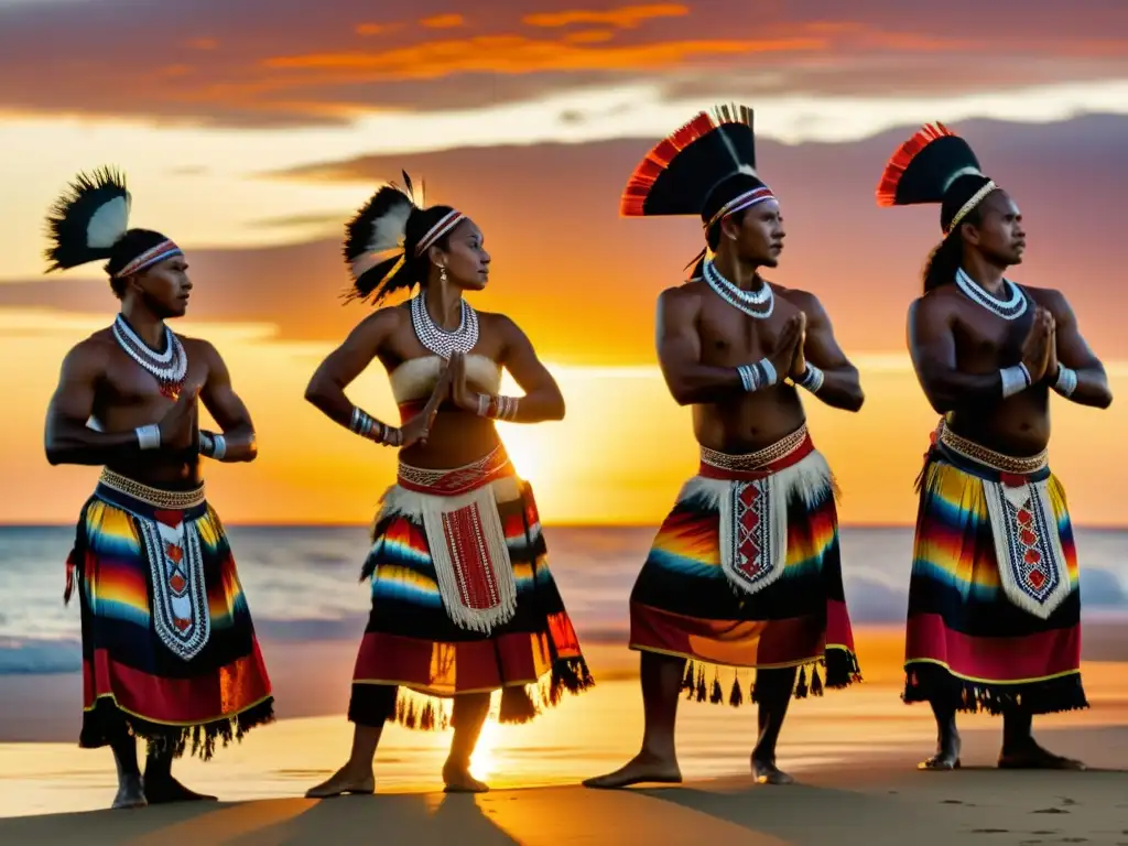 Grupo de bailarines tradicionales de Oceanía realiza un ritual al atardecer en una remota isla del Pacífico
