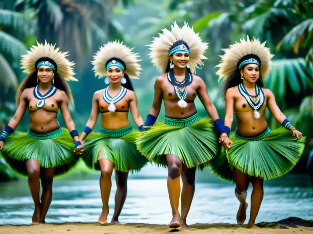 Grupo de bailarines tradicionales de Oceanía con significado cultural de la danza en Oceanía, danza vibrante en la selva tropical