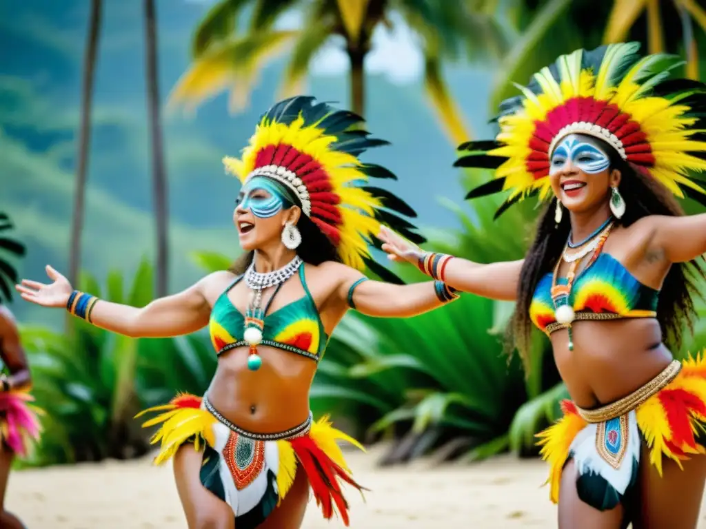 Grupo de bailarines tradicionales de Oceanía con trajes vibrantes y plumas, danzando en paisaje tropical