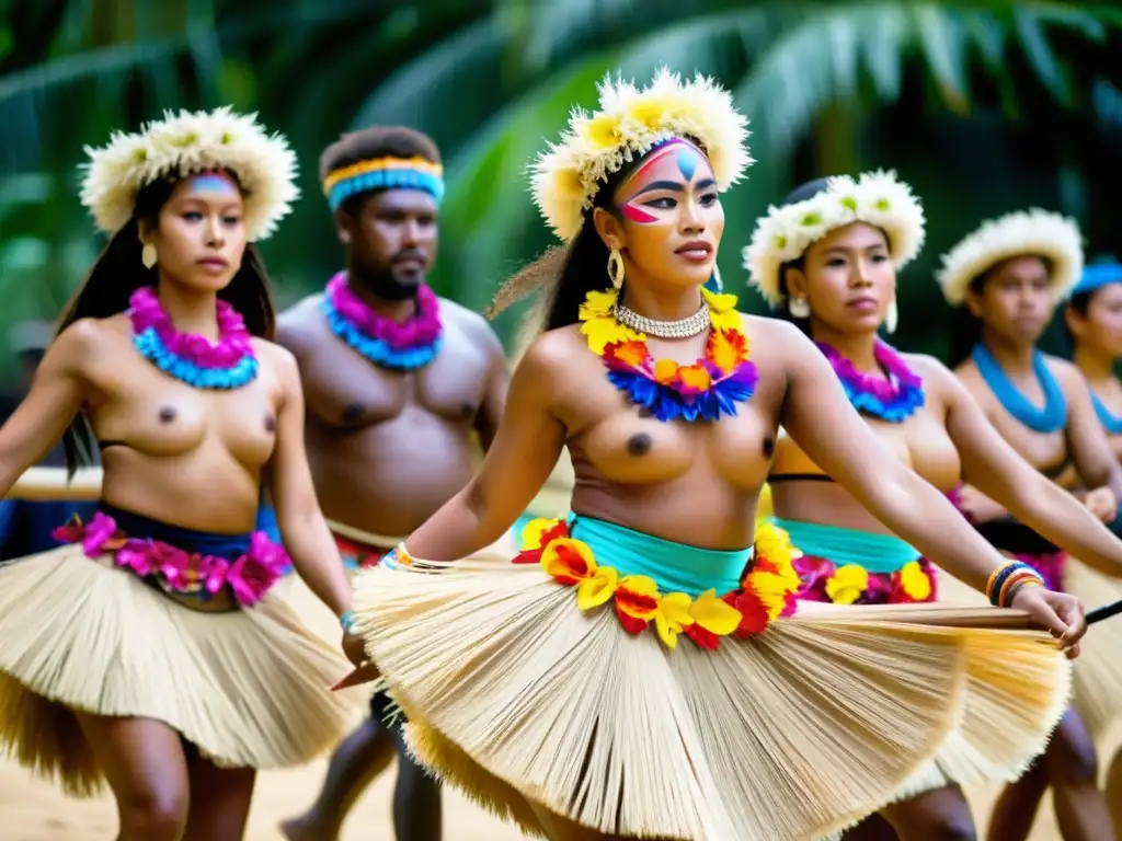 Grupo de bailarines tradicionales de Oceanía con trajes de hierba y collares de flores, danzando al ritmo de tambores y cánticos