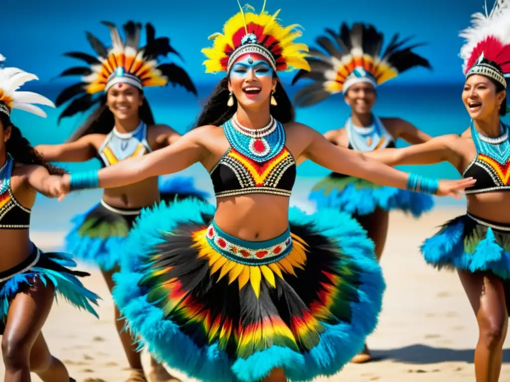 Grupo de bailarines tradicionales de Oceanía, con trajes coloridos y pintura corporal, danzando al ritmo de tambores