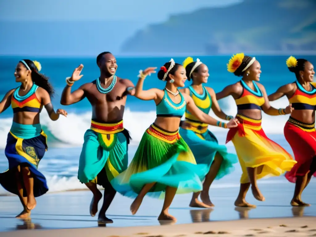 Un grupo de bailarines tradicionales oceánicos realizan con gracia movimientos precisos al ritmo de tambores y cánticos