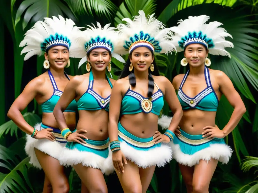 Grupo de bailarines tradicionales oceánicos con vestuarios vibrantes en danza, evocando la riqueza del vestuario en danza tradicional mundial