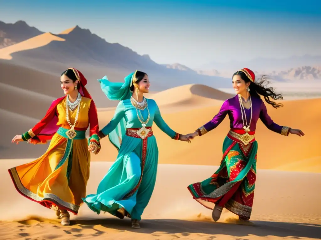 Grupo de bailarines tradicionales de Asia y Oriente Medio danzando en el desierto, mostrando la influencia persa en danzas tradicionales