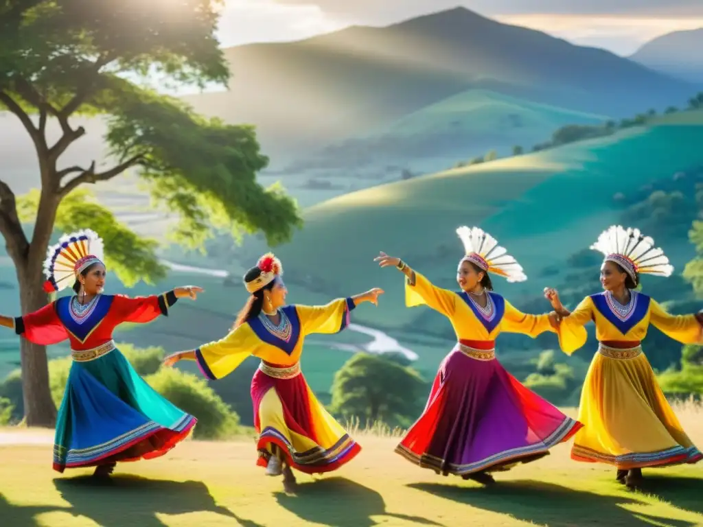 Grupo de bailarines tradicionales danzando en un paisaje rural, vistiendo coloridos trajes