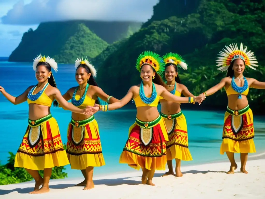 Grupo de bailarines tradicionales Palauanos en el Festival Belau, capturando la esencia de la danza tradicional Palauana en un exuberante entorno tropical