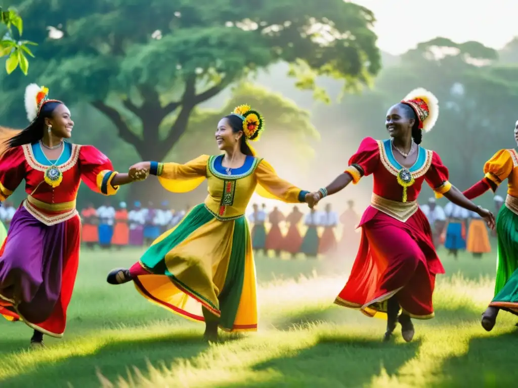 Grupo de bailarines tradicionales danzando con pasión en un campo verde