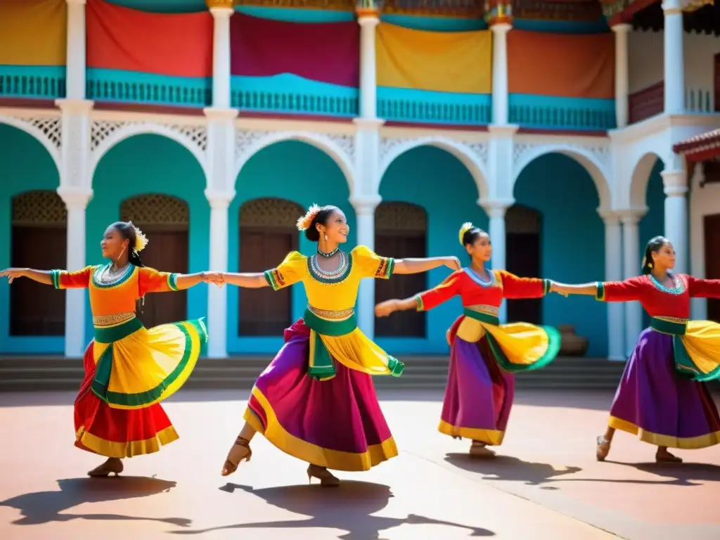 Un grupo de bailarines tradicionales practicando en un patio soleado, con trajes vibrantes y elaborados