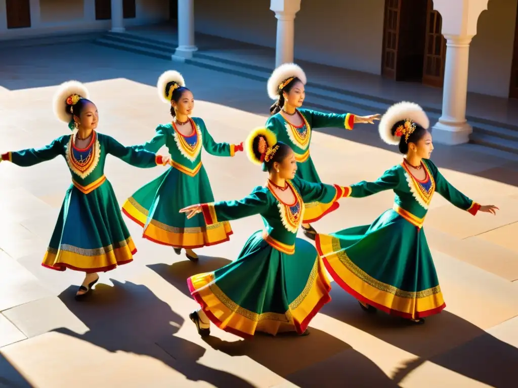 Grupo de bailarines tradicionales en un patio soleado, con trajes coloridos y detallados