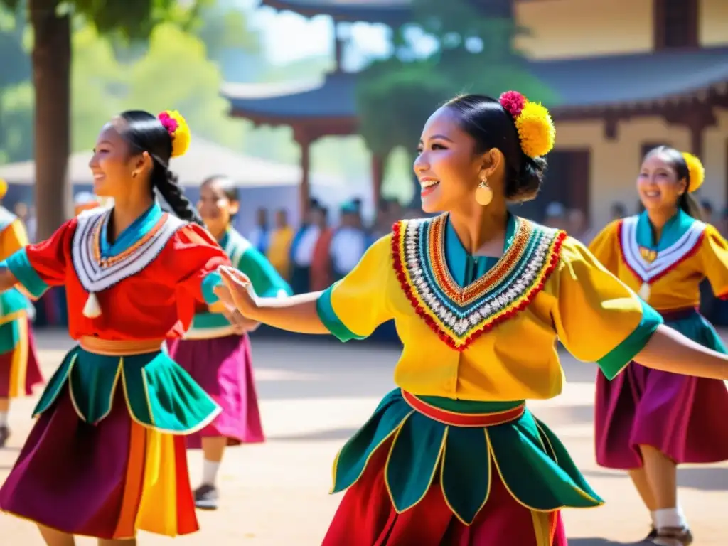 Grupo de bailarines tradicionales danzando en una plaza al sol, protegiendo danzas tradicionales mediante políticas