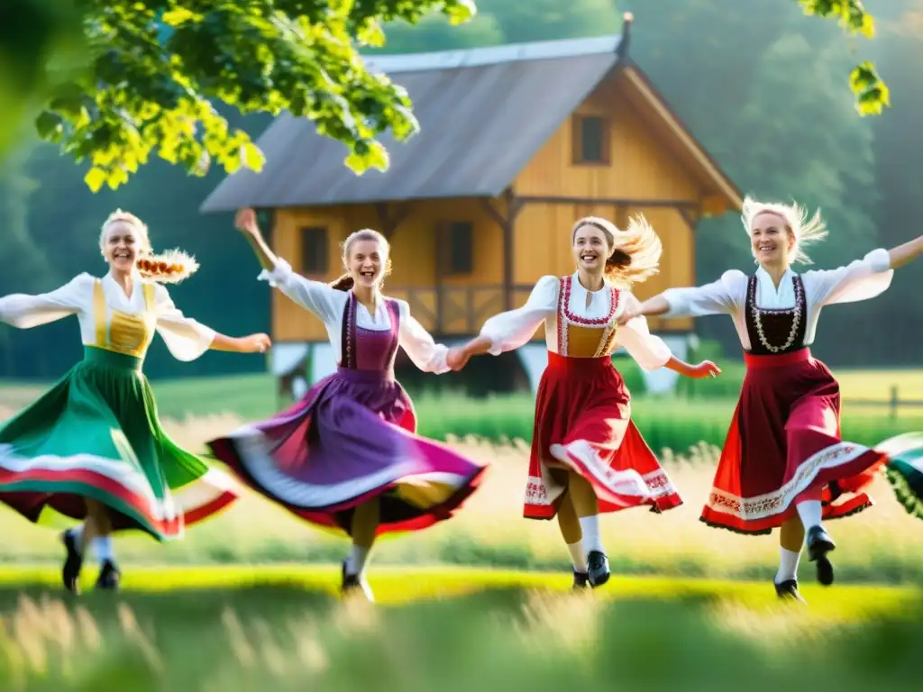 Un grupo de bailarines tradicionales polacos ejecutando la animada polka, capturando la energía y el significado cultural de la danza polaca