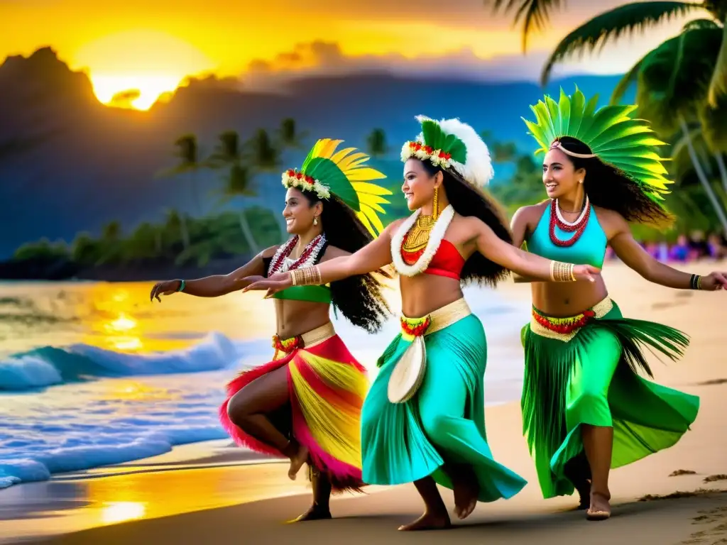 Un grupo de bailarines tradicionales polinesios realiza una danza en la playa al atardecer, mostrando la belleza y tradición de la cultura polinesia