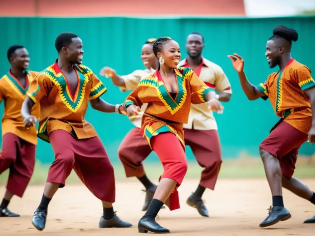 Un grupo de bailarines tradicionales de Azonto realizando una presentación dinámica al aire libre, mostrando las técnicas y estilo del Azonto con gracia y energía