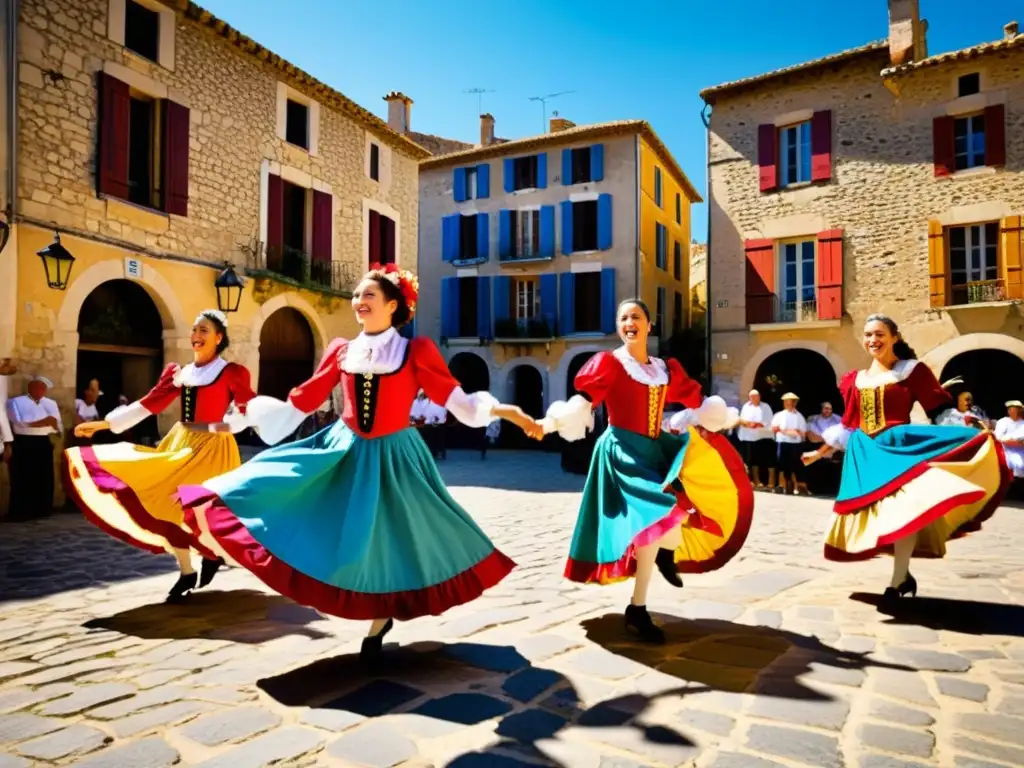 Grupo de bailarines tradicionales Provenzales danzando el alegre Rigaudon en una plaza soleada