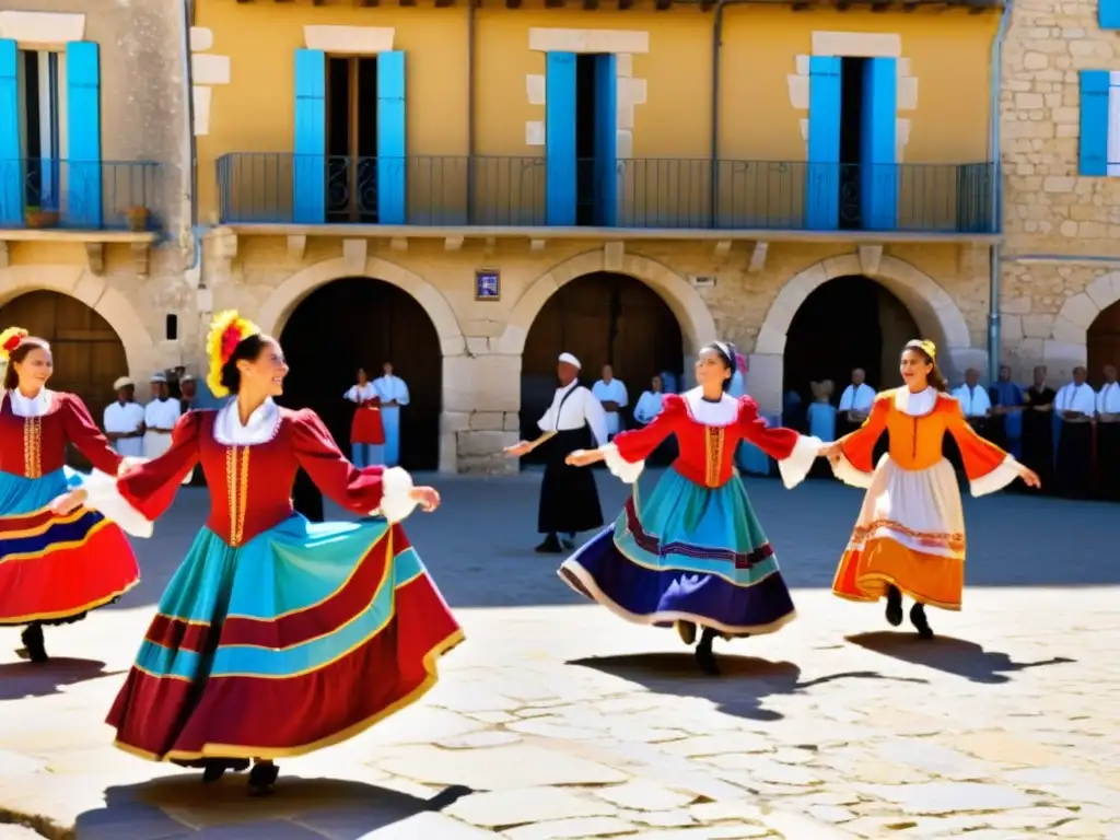 Un grupo de bailarines tradicionales provenzales capturados en un rigaudon, con trajes vibrantes y bordados