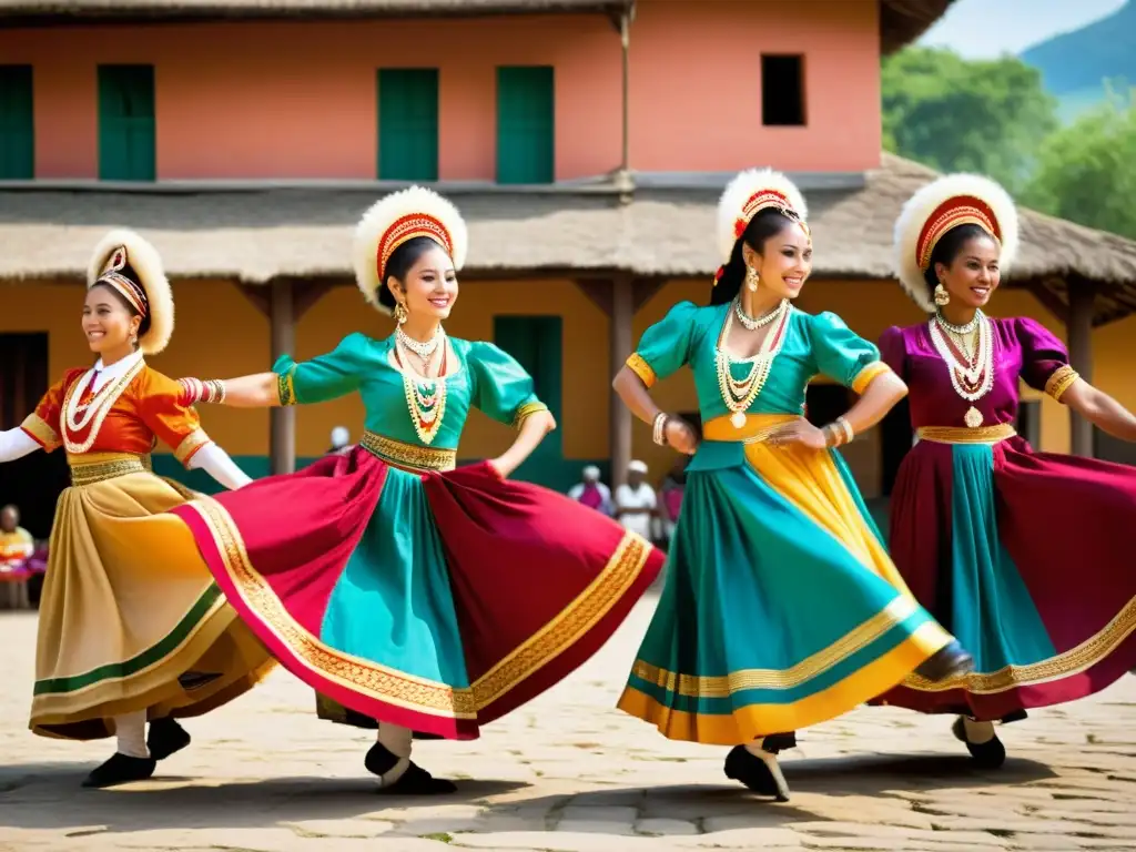 Un grupo de bailarines tradicionales en un pueblo vintage