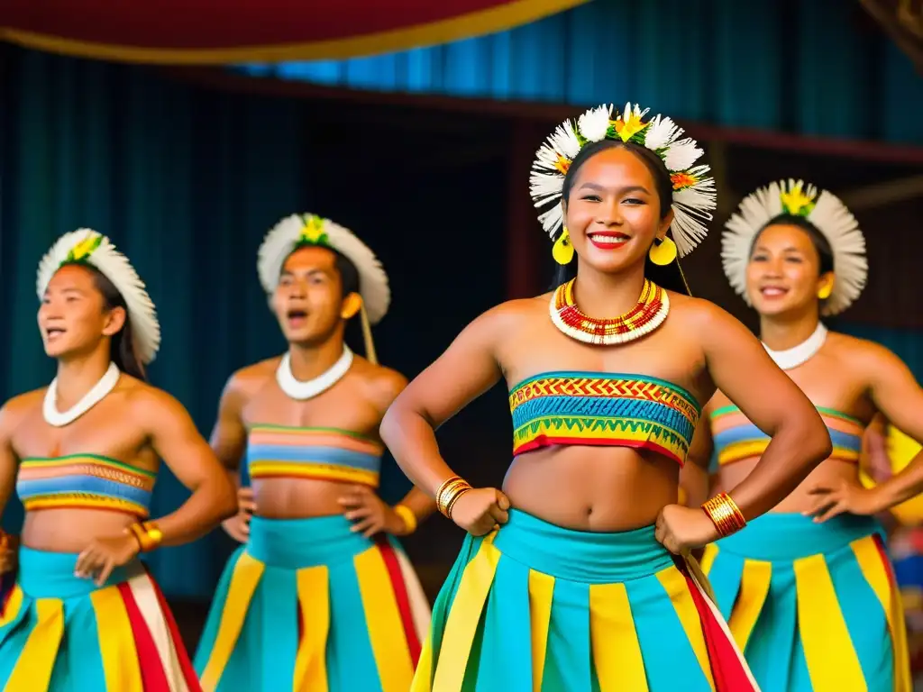 Grupo de bailarines tradicionales de Palau danzando al ritmo de la música en vibrantes trajes, transmitiendo orgullo y alegría