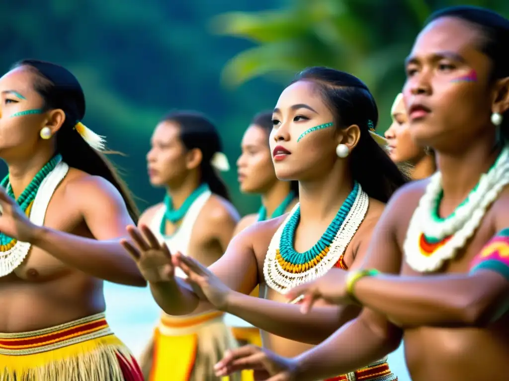 Un grupo de bailarines tradicionales de Palau danzan al ritmo de la música, con trajes vibrantes y movimientos elegantes