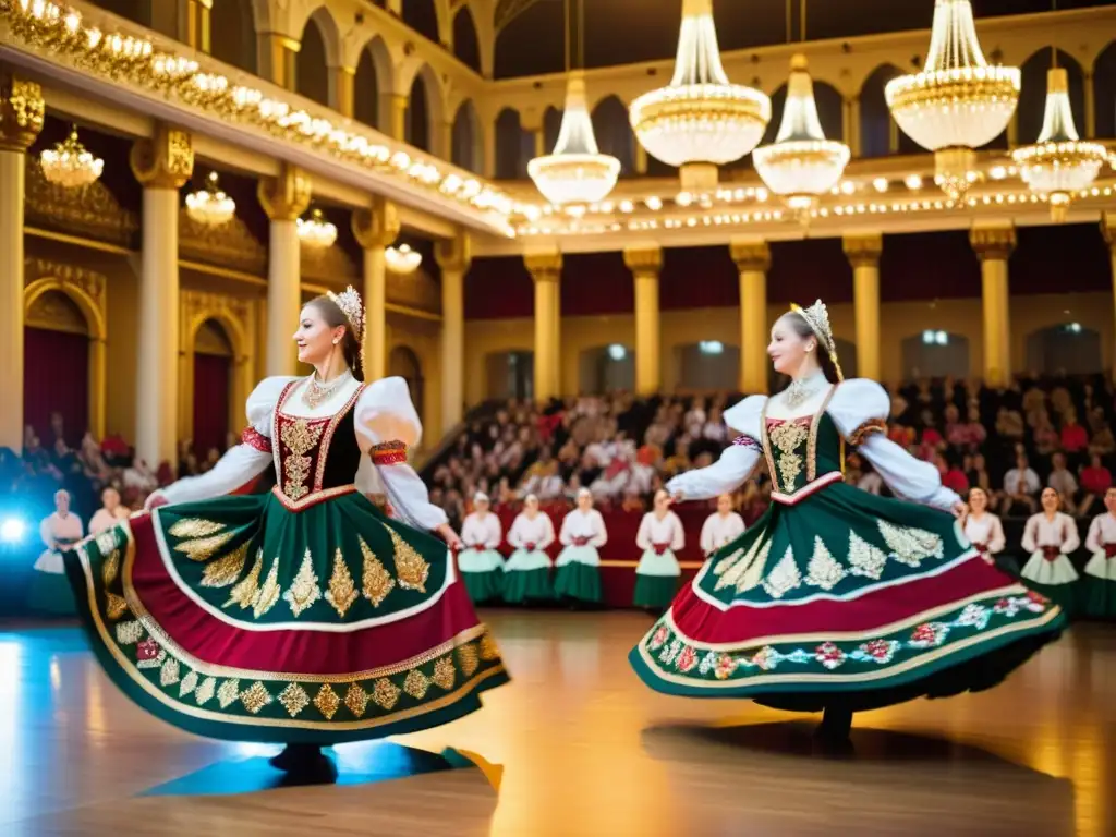 Grupo de bailarines tradicionales rusos ejecutando movimientos llenos de gracia y energía en un opulento salón de baile