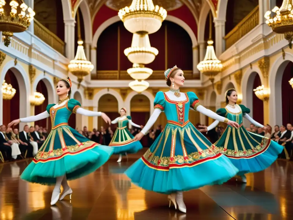 Un grupo de bailarines tradicionales rusos ejecutan movimientos dinámicos en un lujoso salón