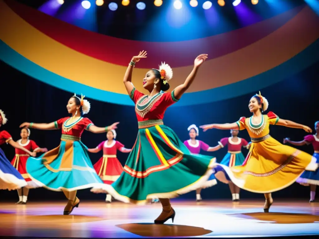 Un grupo de bailarines tradicionales realiza una rutina vibrante y compleja en un escenario, con movimientos dinámicos y trajes coloridos