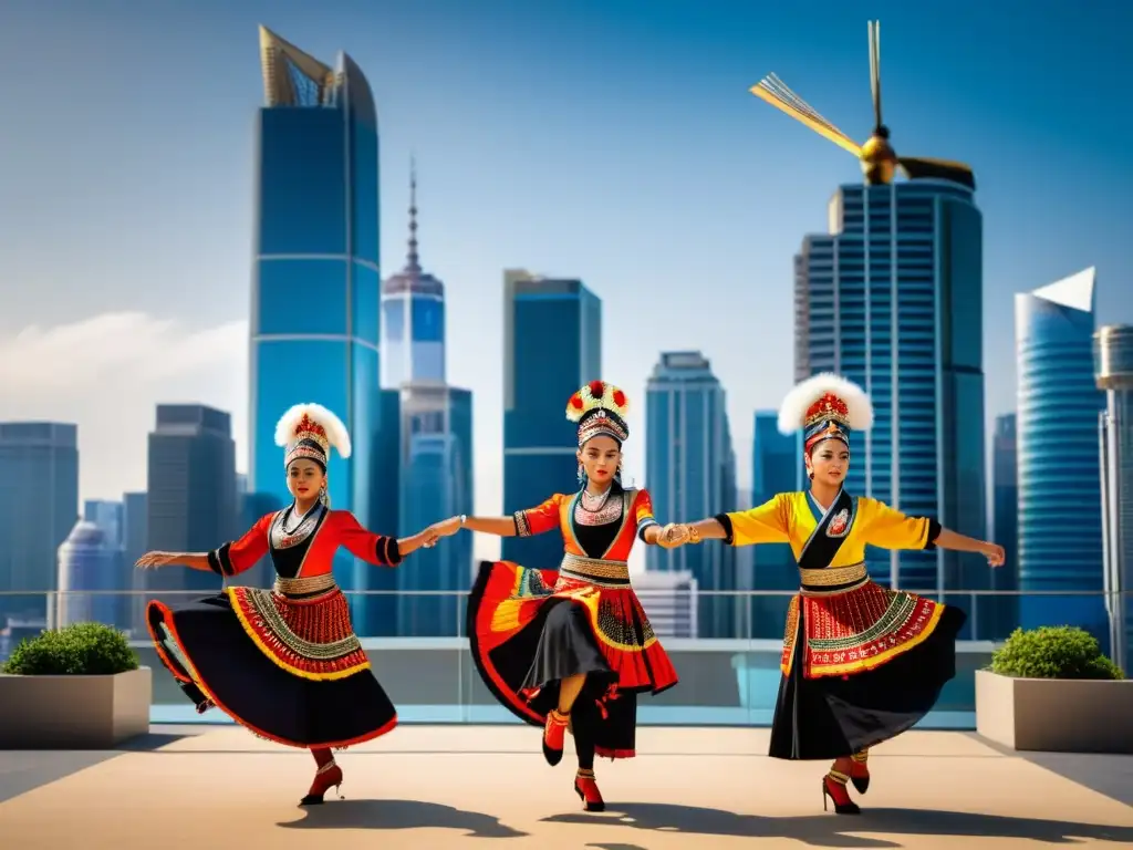 Grupo de bailarines tradicionales ejecutan una rutina hipnotizante frente a una ciudad moderna