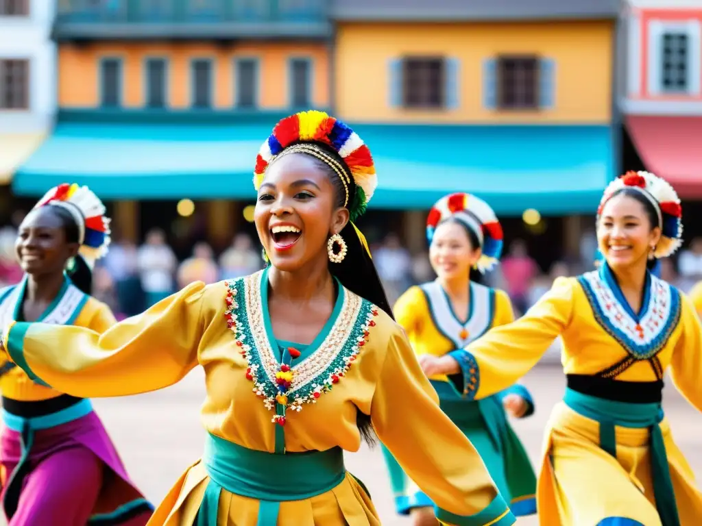 Grupo de bailarines tradicionales ejecutando una rutina vibrante en un mercado bullicioso