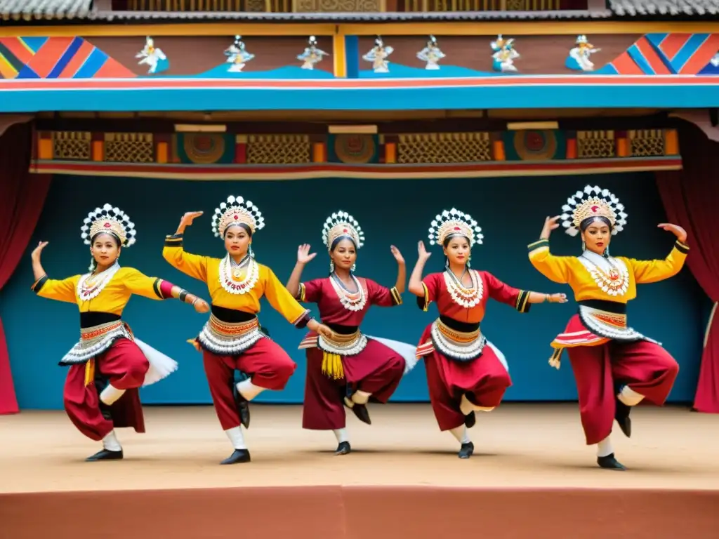 Grupo de bailarines tradicionales ejecutando una rutina poderosa, exhibiendo fuerza muscular y gracia en sus movimientos