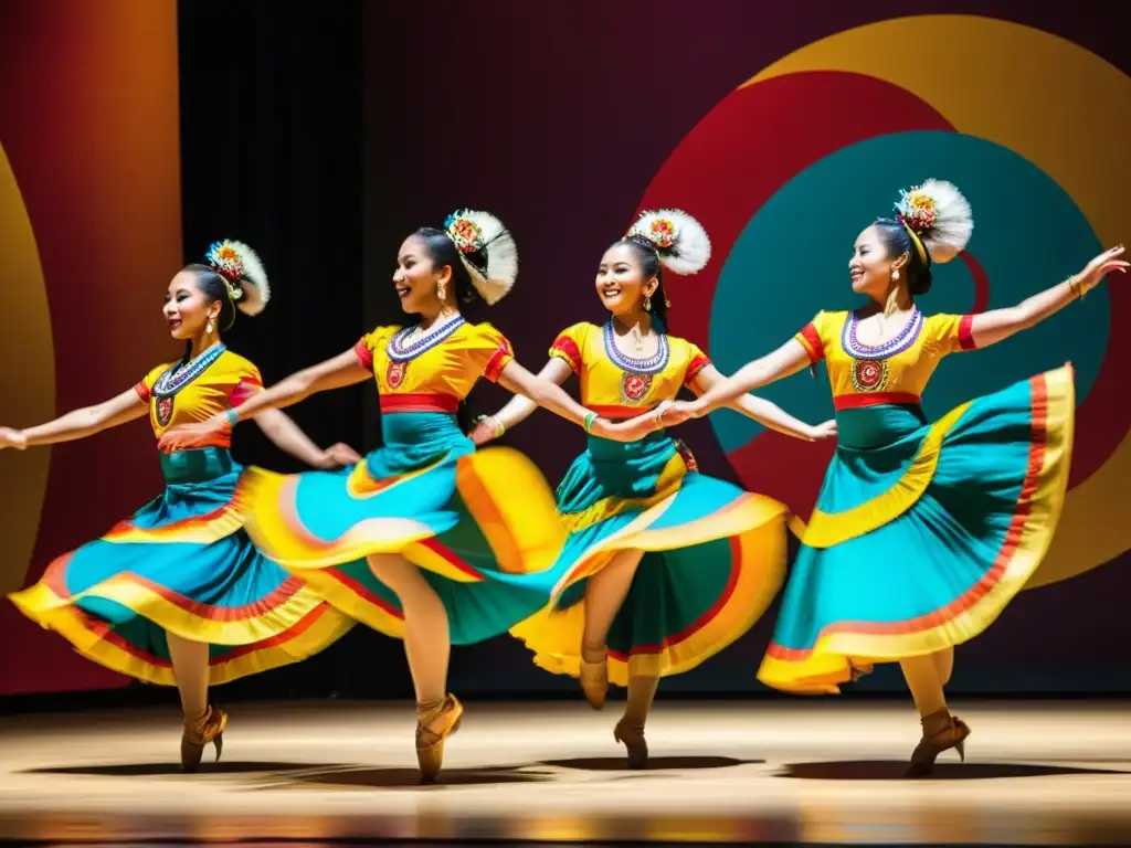 Grupo de bailarines tradicionales ejecutando una rutina compleja y elegante, con trajes coloridos