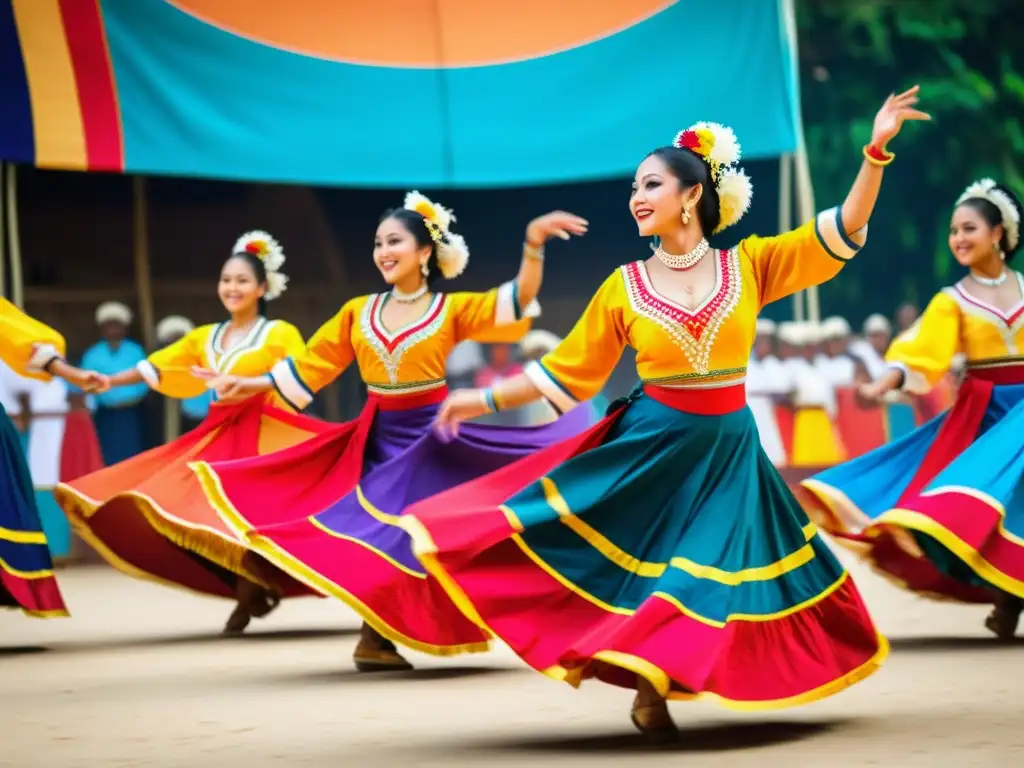 Grupo de bailarines tradicionales ejecutando una rutina vibrante en festival cultural