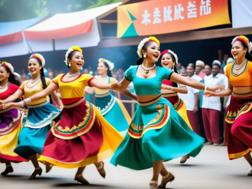 Un grupo de bailarines tradicionales realizando una rutina vibrante y enérgica, capturando la esencia de la danza tradicional