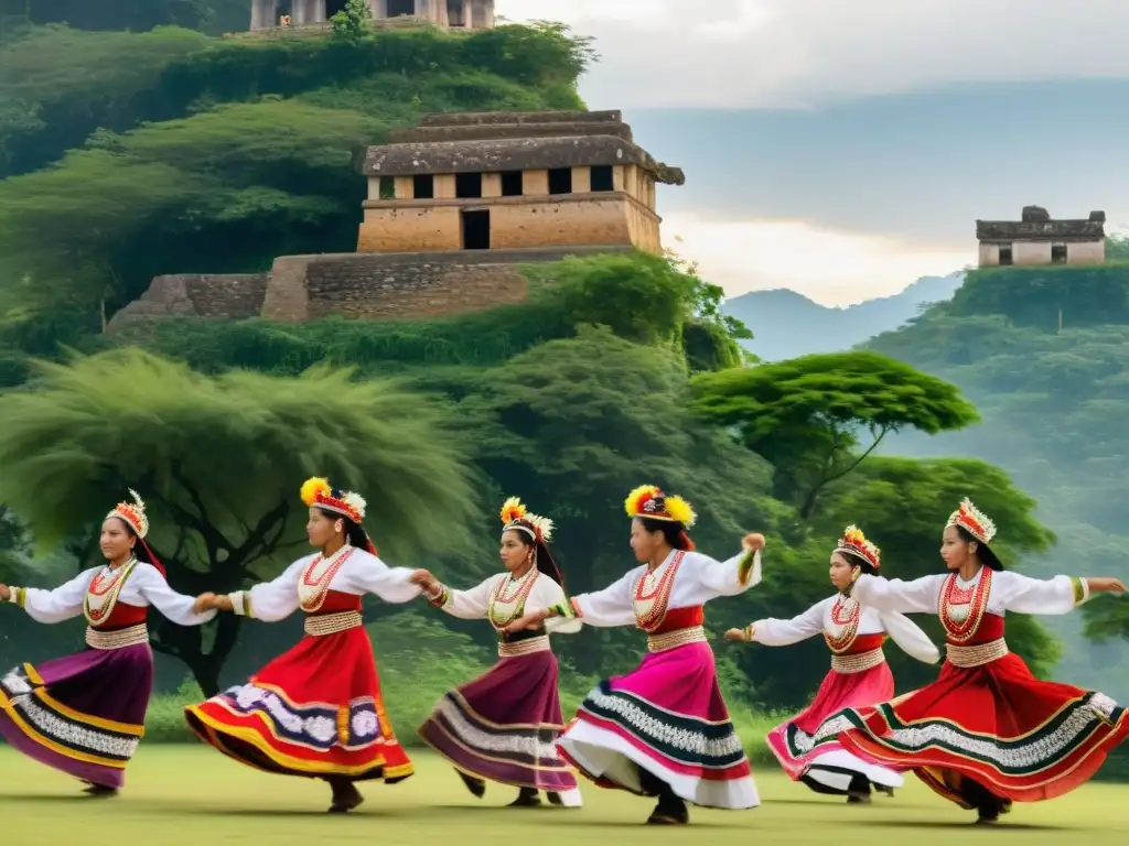 Un grupo de bailarines tradicionales realiza una rutina cautivadora bajo el cielo abierto, rodeado de exuberante vegetación y ruinas antiguas