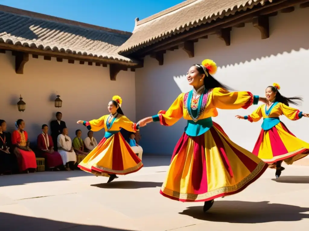 Grupo de bailarines tradicionales realizando una rutina vibrante en un patio soleado