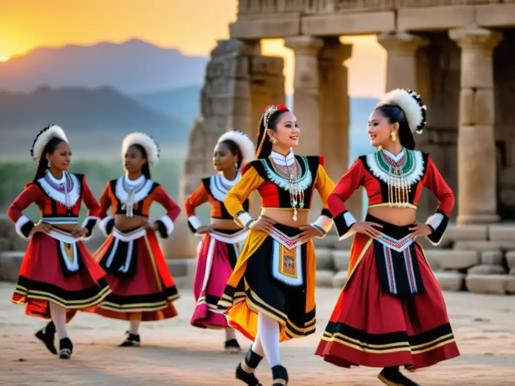 Un grupo de bailarines tradicionales ejecuta una rutina cautivadora frente a ruinas antiguas, con el sol poniente iluminando la escena