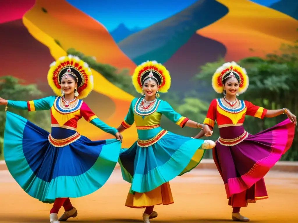 Grupo de bailarines tradicionales ejecutando una rutina vibrante y elaborada, representando la herencia cultural a través de la danza