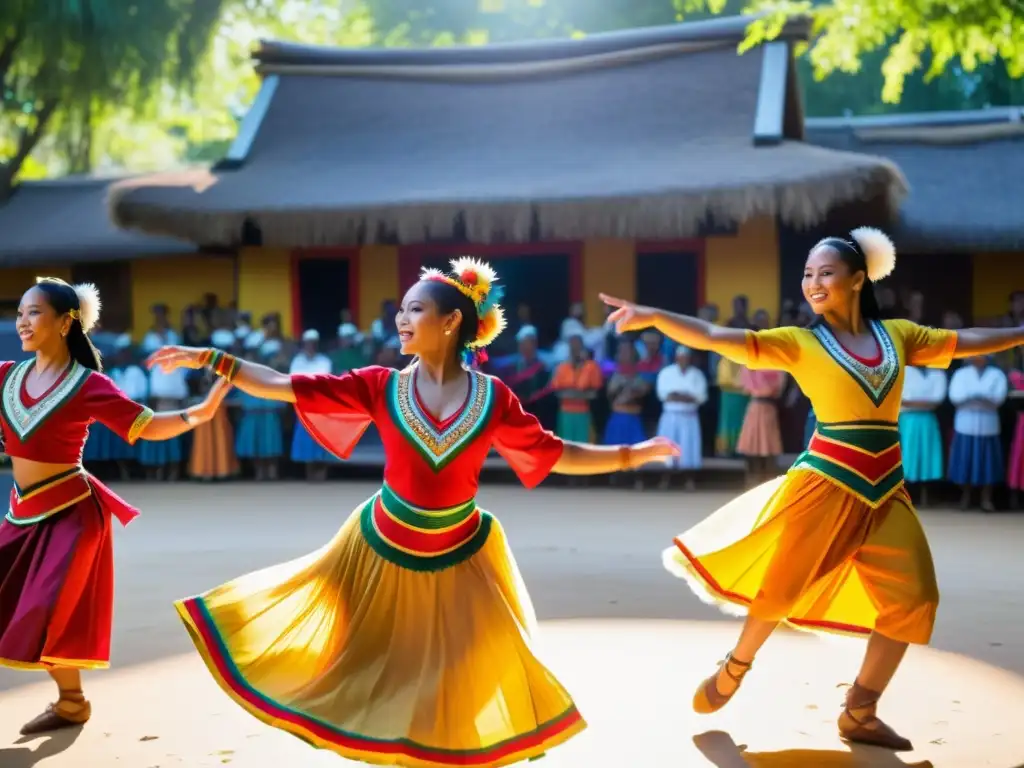 Un grupo de bailarines tradicionales realiza una rutina vibrante al aire libre, rodeados de espectadores