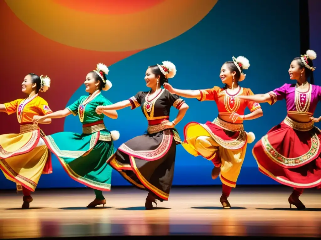 Un grupo de bailarines tradicionales ejecuta una rutina sincronizada con gracia y fuerza en un escenario