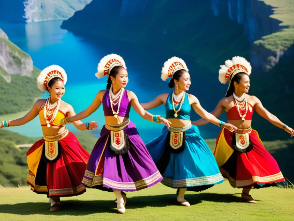 Grupo de bailarines tradicionales ejecutan una rutina vibrante en un paisaje natural impresionante