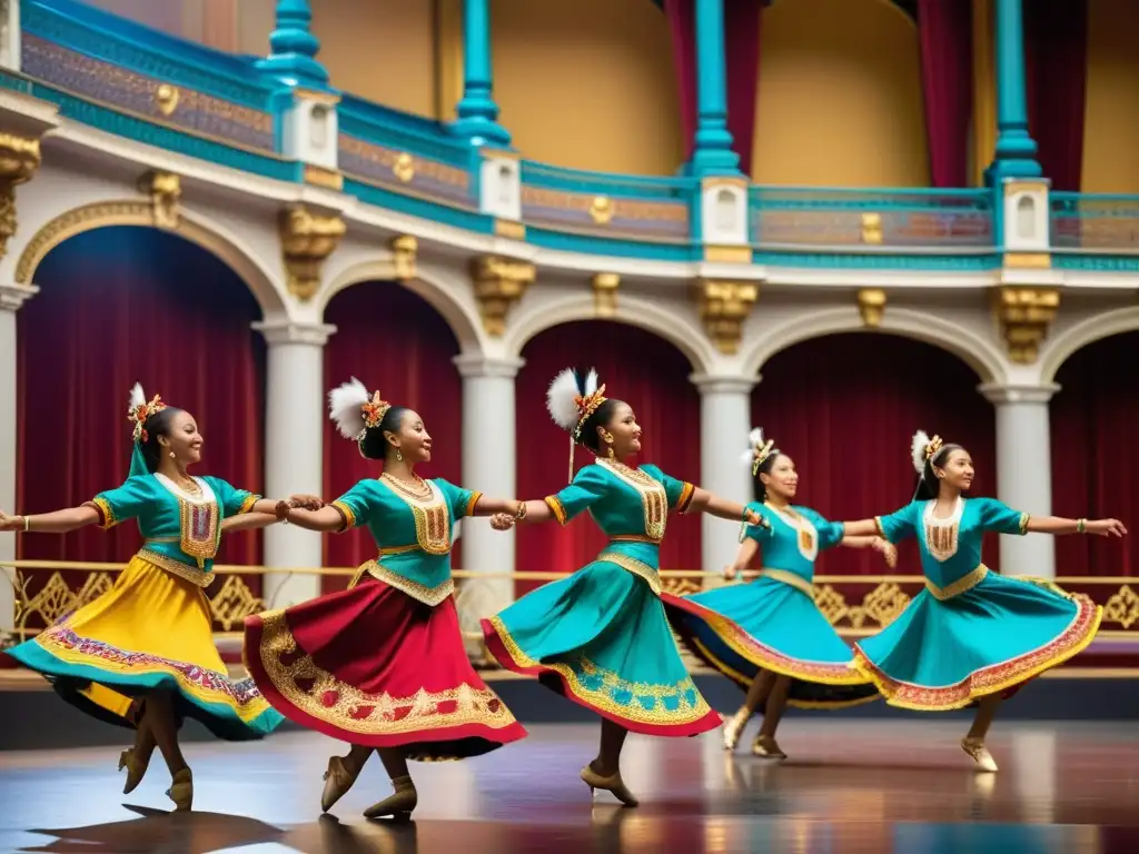 Danza tradicional en teatro histórico: Movimiento y emoción Un grupo de bailarines tradicionales realiza una rutina sincronizada en un teatro histórico, vistiendo trajes vibrantes