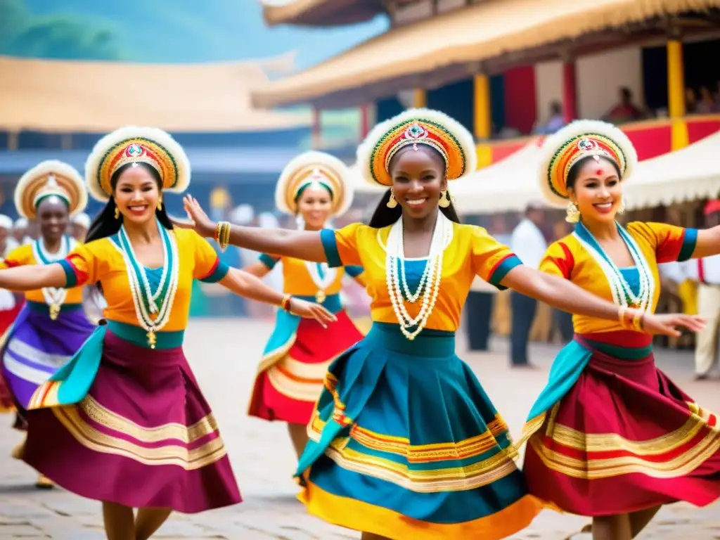 Grupo de bailarines tradicionales ejecutando una rutina en un animado mercado, capturando la rica herencia cultural de la danza