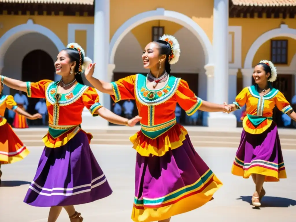 Danza tradicional: pasión y color en la plaza Un grupo de bailarines tradicionales realiza una rutina sincronizada, vistiendo trajes vibrantes y elaborados en una plaza soleada