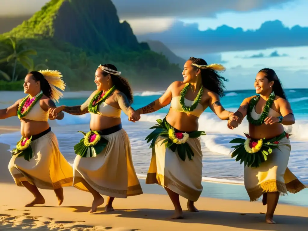 Un grupo de bailarines tradicionales samoanos realiza la danza Taualuga en una playa, con leis florales y tatuajes