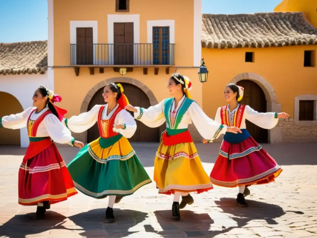 Grupo de bailarines tradicionales realizando la seguidilla manchega en una plaza histórica