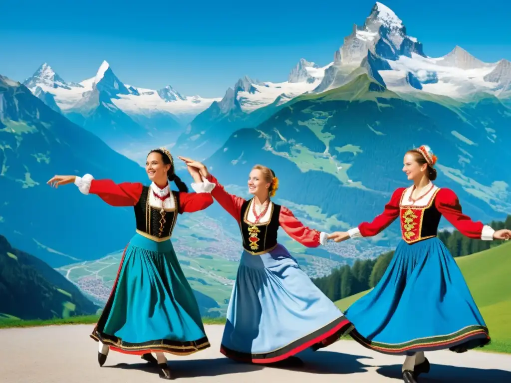 Grupo de bailarines tradicionales suizos y austriacos danzando en los Alpes, mostrando métodos pedagógicos de danzas tradicionales